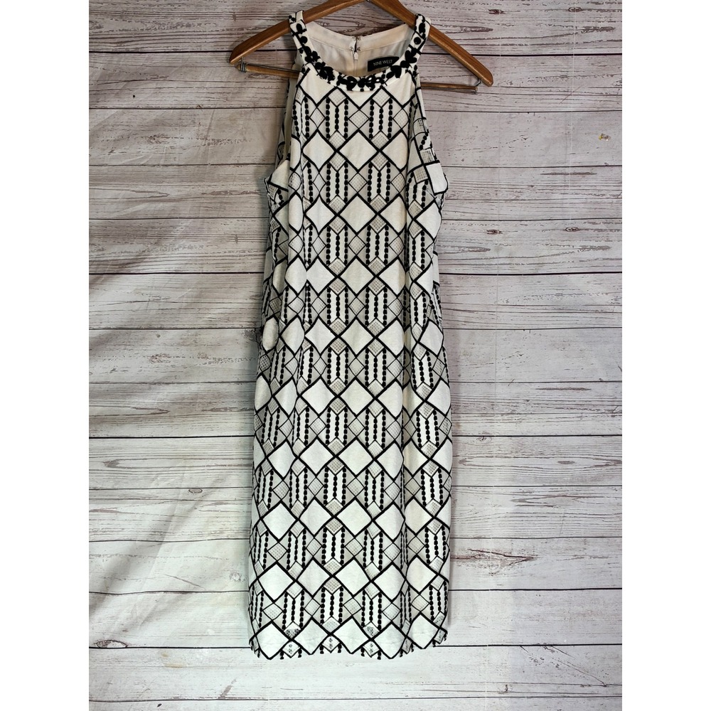 Nine West Formal Shift Dress‎ Mod Retro Geometric Beaded Halter 12 White Black